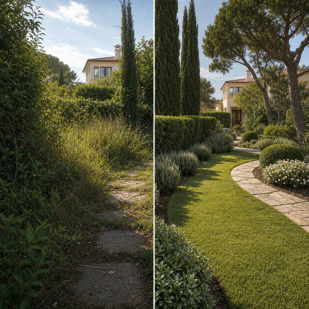 Clean garden path with trimmed hedges and lawn edges