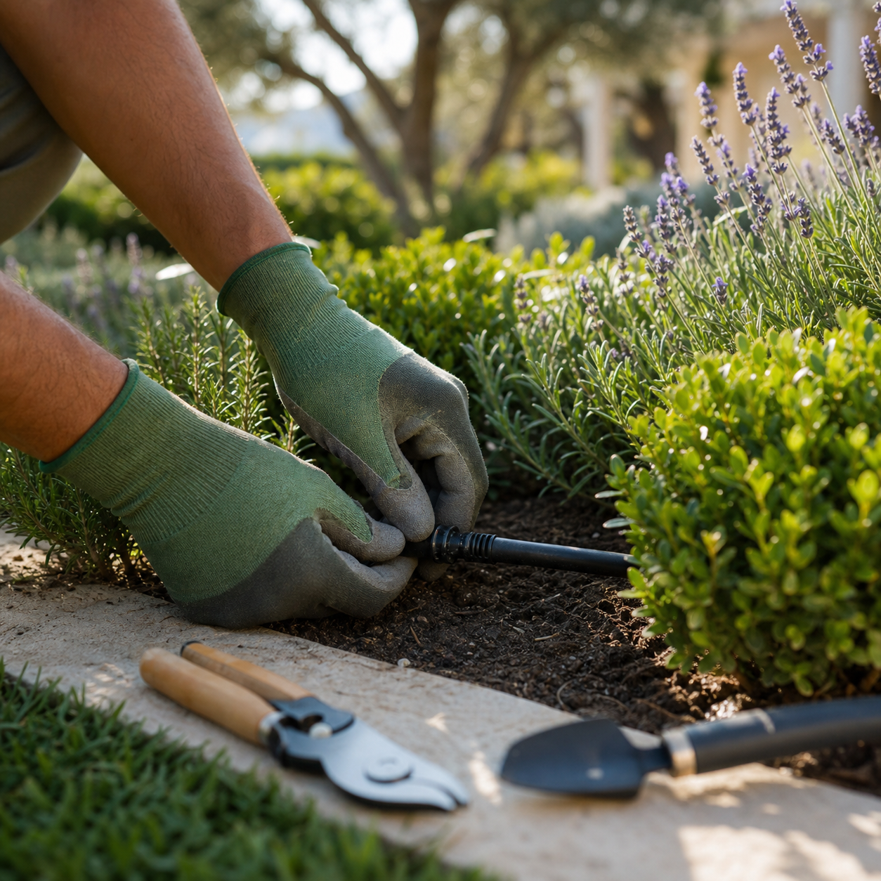 Gloved hands checking an irrigation line beside lavender and hedge plants