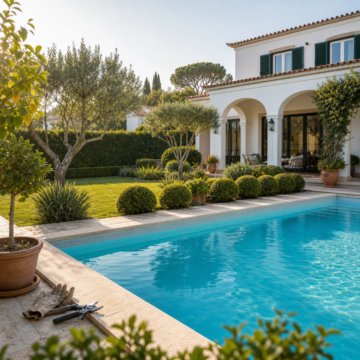 Mediterranean villa garden with a clear swimming pool